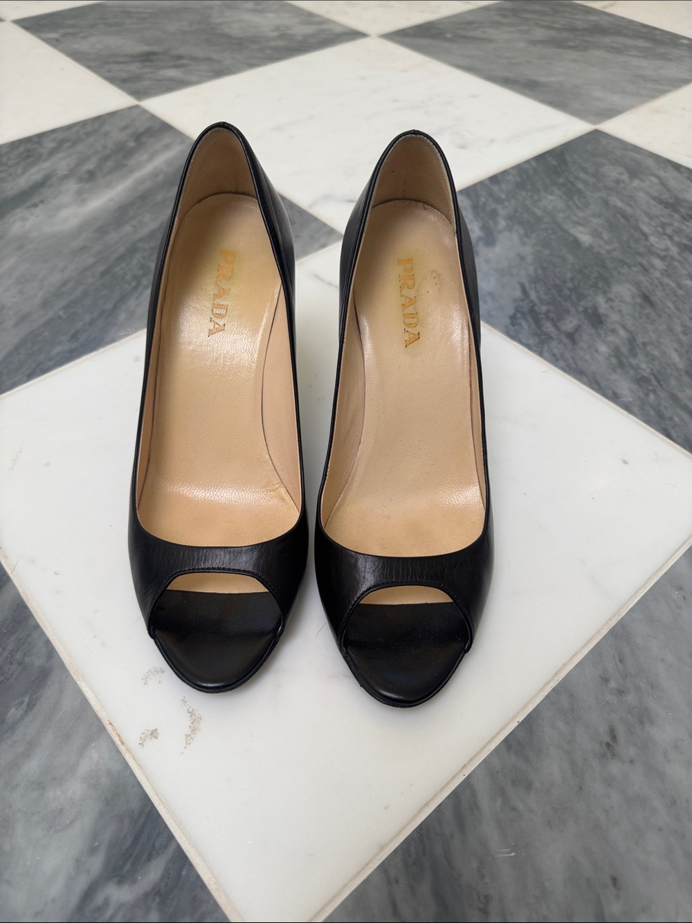 Prada Black Leather Open-Toe Pumps